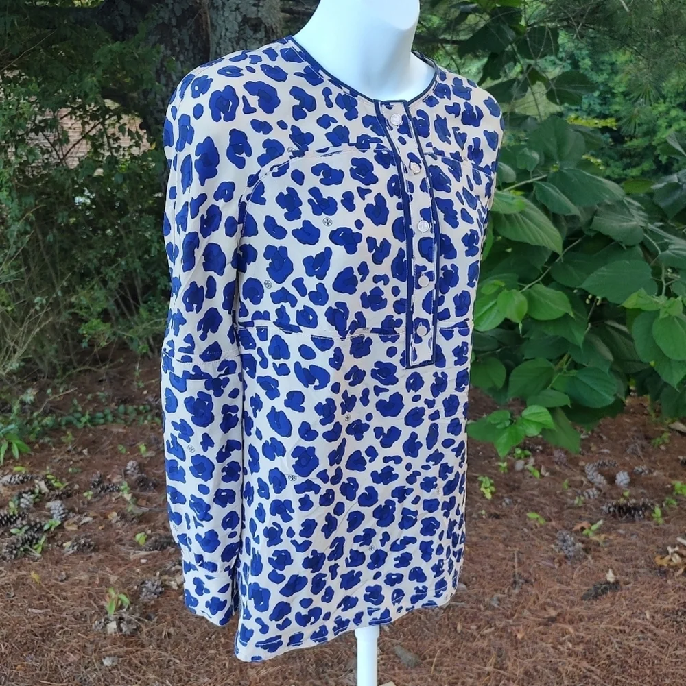 Tory Burch Robin Silk Blue Cheetah Print Long Sleeve Tunic Blouse Women's Size 2